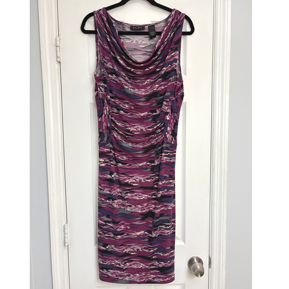 Axcess M Cowl Neck Ruched Sleeveless Midi Dress Purple Print Women's